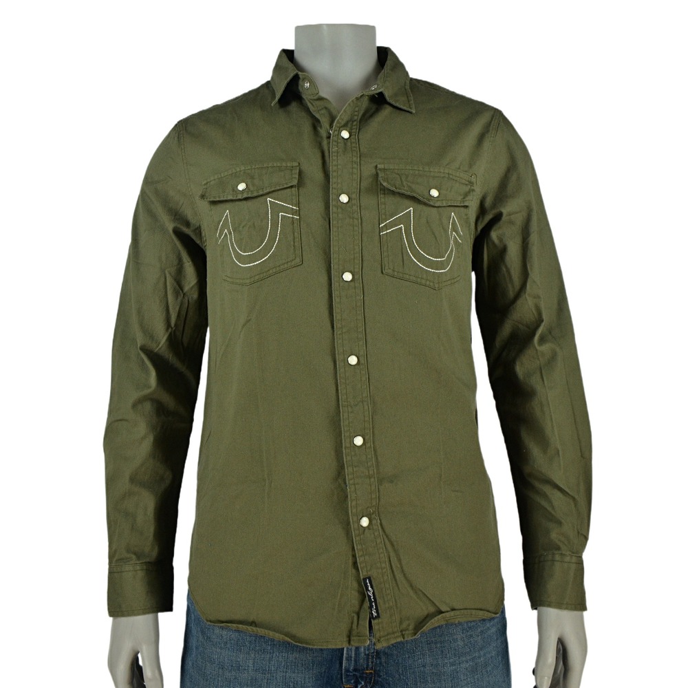 True Religion Shirt Men's M Green Woven Pearl Snap Logo Pockets NWT